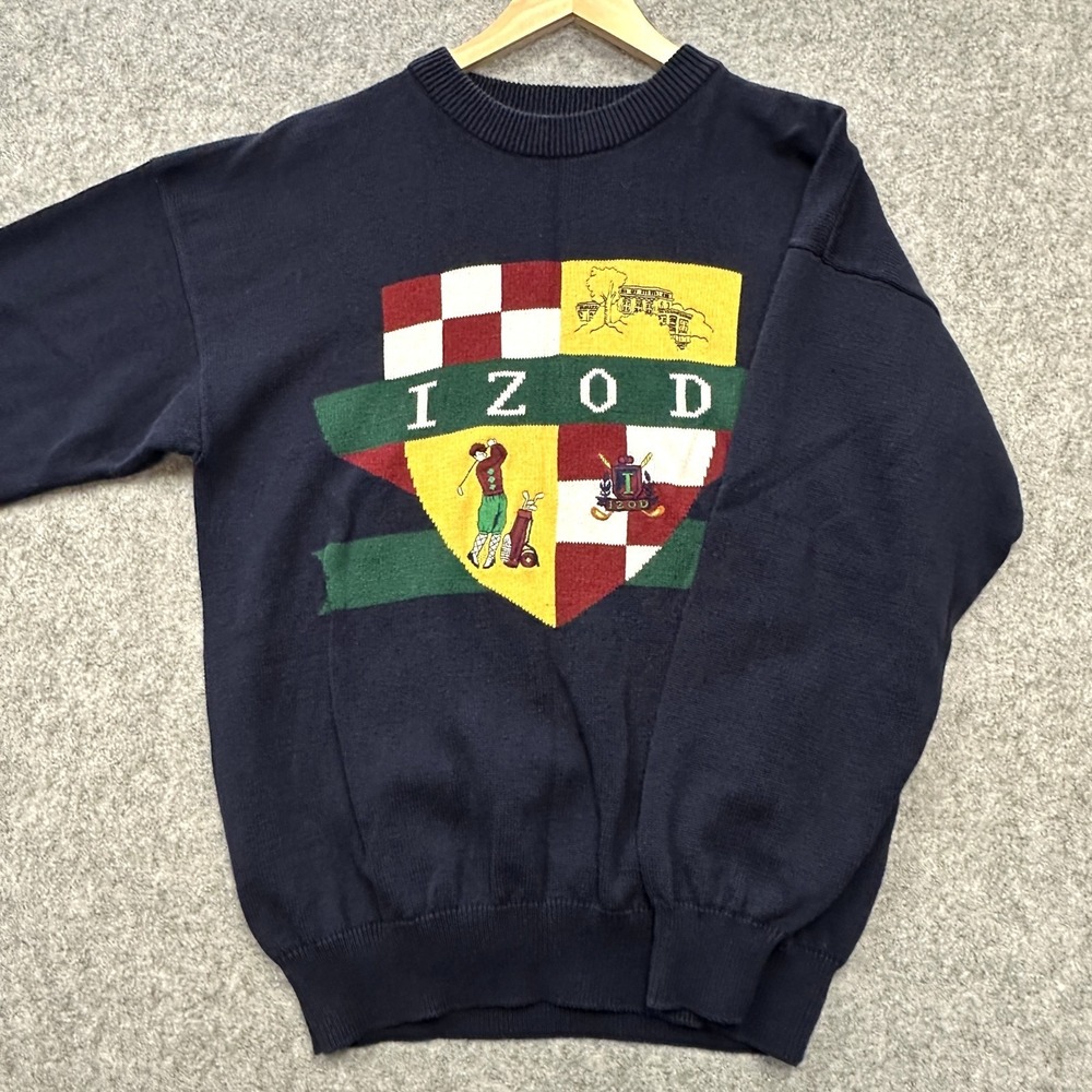 Vintage IZOD Sweater Men's Large‎ Navy Cotton Golf Crest Crewneck 90s Preppy